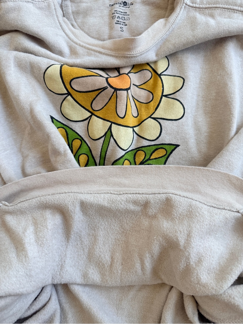 Natural Life Floral Graphic Fleece Crewneck Sweatshirt Small Beige - Picture 5 of 9